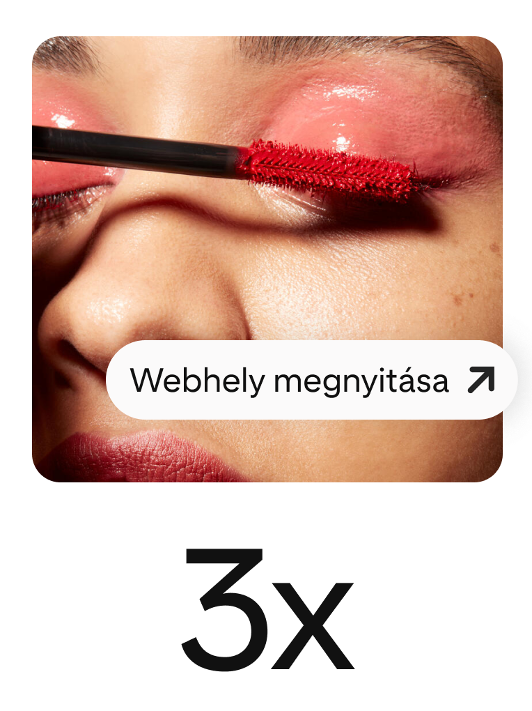 Piros szempillaspirált felvivő nőt ábrázoló pin kiemelkedő gombbal, amely a webhelylátogatások ösztönzésére szolgál. 