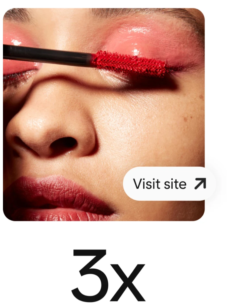 Pin shows woman applying red mascara, with a prominent button to drive site visits. 