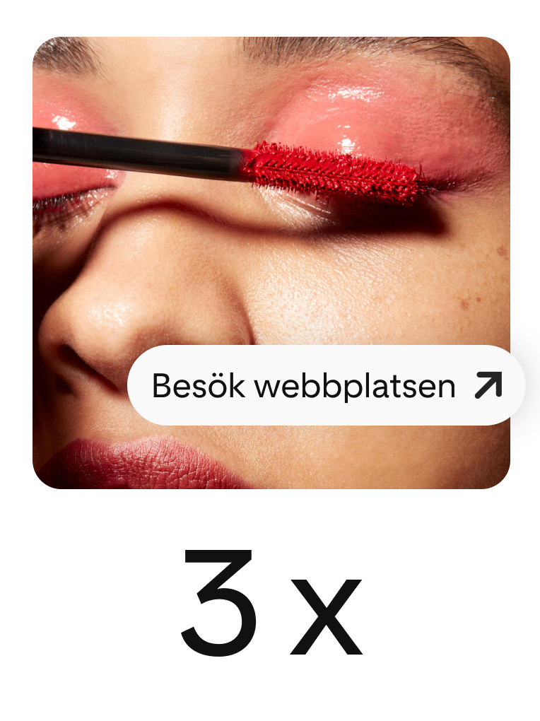 En pin som visar en kvinna som tar på röd mascara, med en framträdande knapp för att få fler webbplatsbesök. 