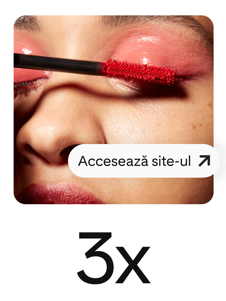 Pinul prezintă o femeie care aplică rimel roșu, cu un buton proeminent pentru a genera vizite pe site. 