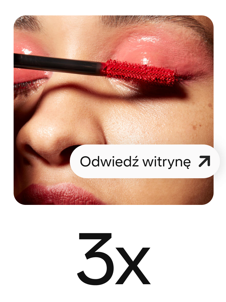 Pin przedstawiający kobietę nakładającą czerwony tusz do rzęs i widoczny przycisk zachęcający do odwiedzin witryny. 