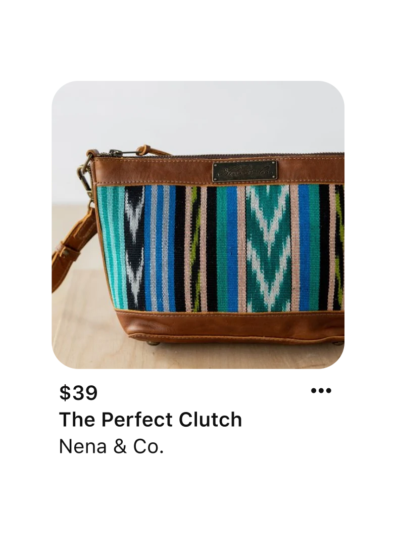 Pin of a multi-colored handbag from Nena & Co. Description reads The Perfect Clutch. 