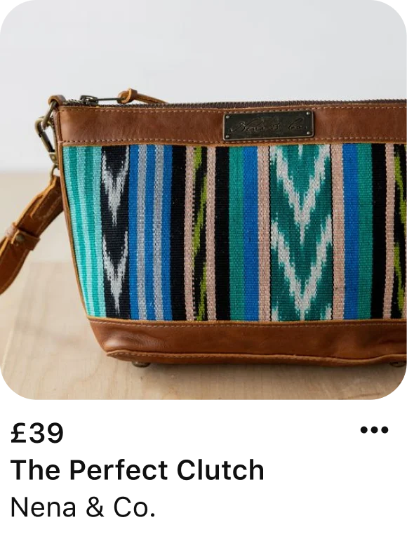 Pin of a multicoloured handbag from Nena & Co. Description reads ‘The Perfect Clutch’. 