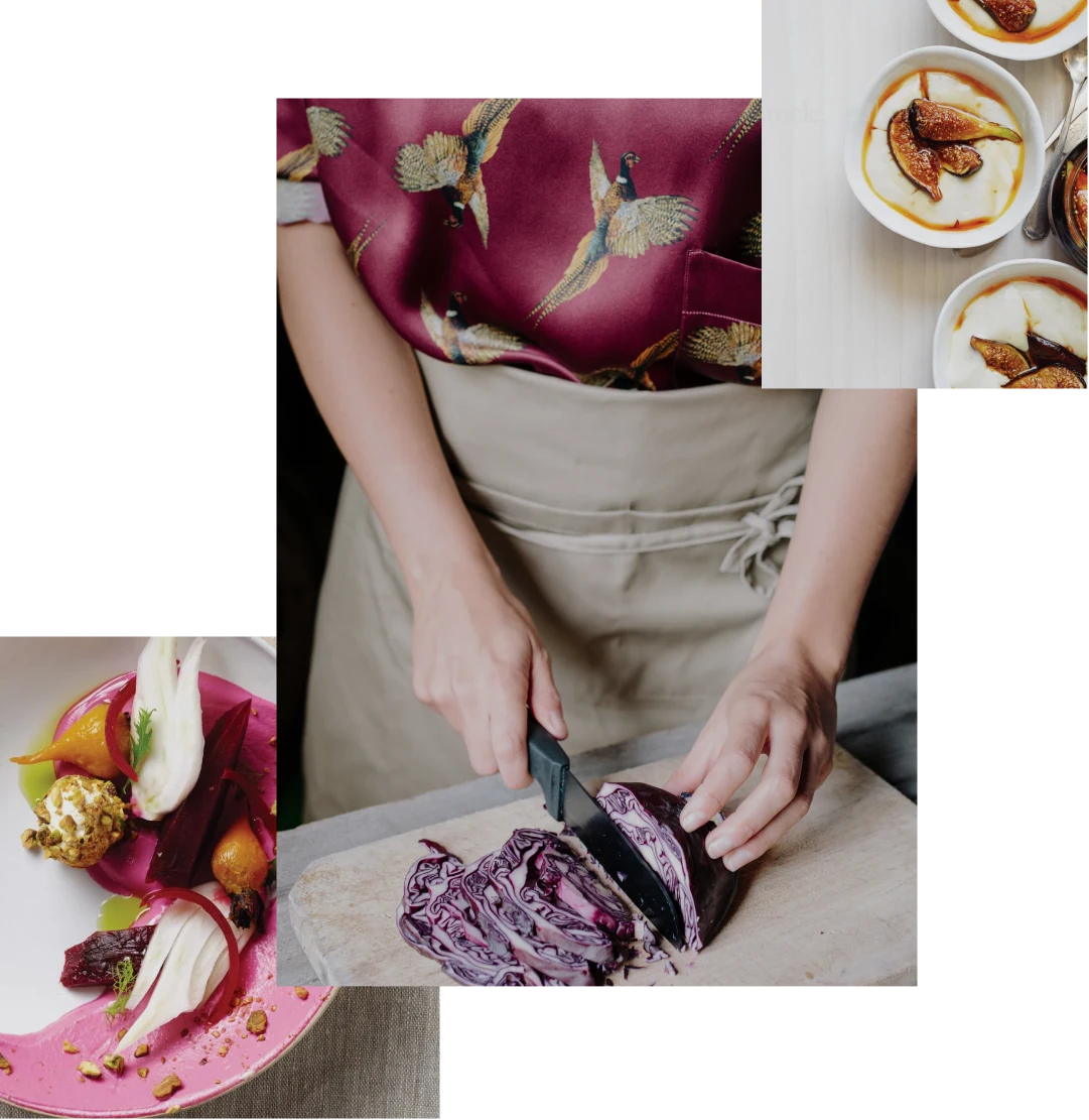 Image cluster featuring: gourmet food plating with vegetables on top of a pink beet sauce, woman in apron cutting cabbage in her kitchen, mini bowls of panna cotta topped with honey and figs.