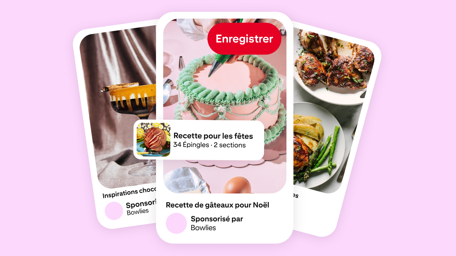 Three Pinterest mock ads on a pink background. Centre ad shows a hand decorating a pink cake with green icing. Other ads feature chocolate cake and roasted chicken.