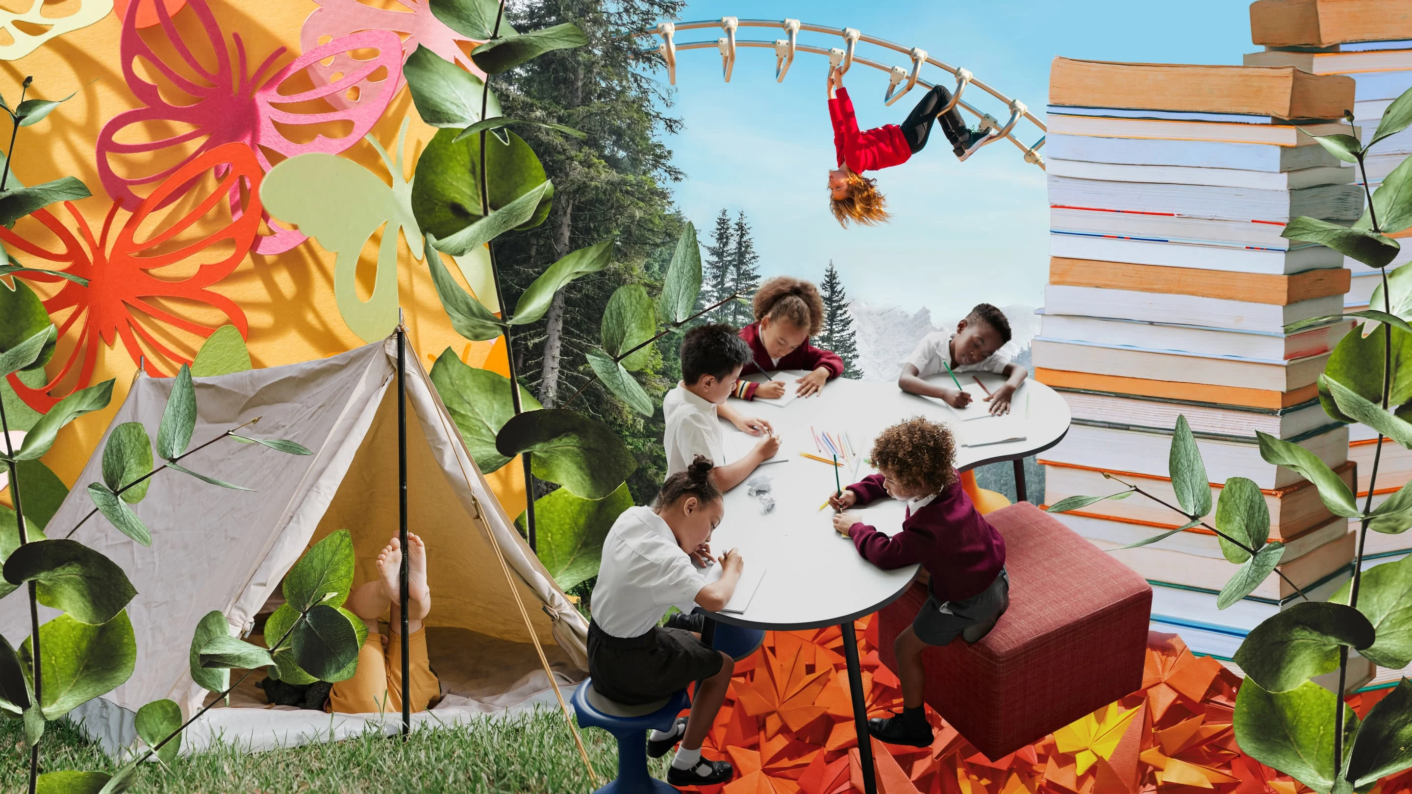 Color classroom-themed collage. Elementary-aged kids of different skin tones write at curvy table at center, surrounded by large stack of books at right, large butterfly and tent at left. Child playing on monkey bars in background. 