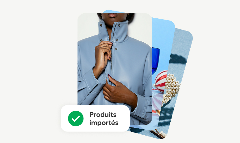 Trois Épingles superposées les unes sur les autres, celle du dessus montre une personne en train de boutonner une chemise bleue ; un texte affiché en haut indique « Produits importés »   