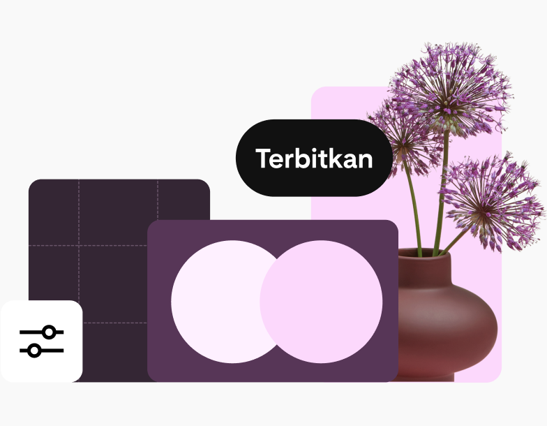 Sebuah kolaj imej yang banyak menampilkan warna ungu. Ia termasuk ikon tetapan, pasu bunga, bentuk geometri dan butang "Terbitkan".
