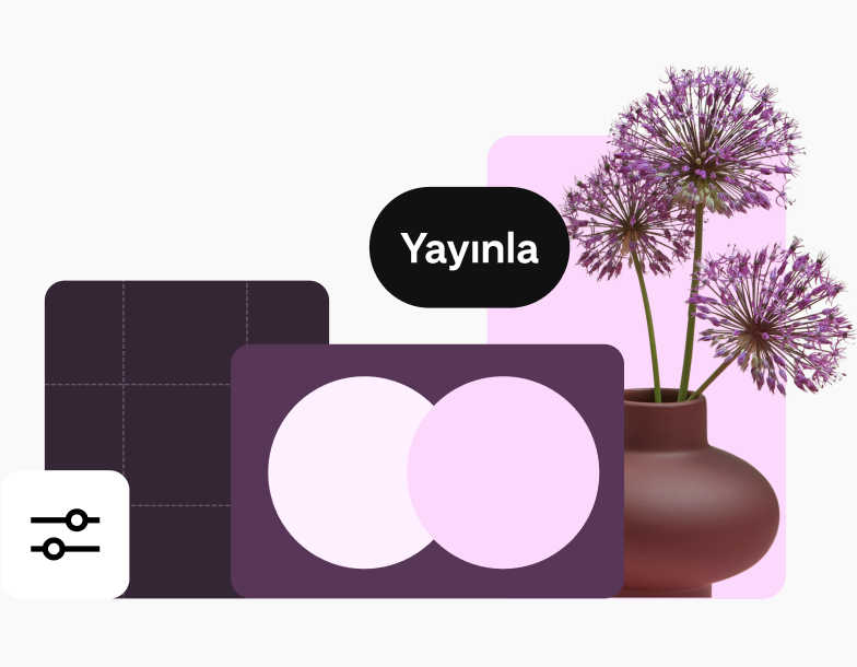 Mor rengin yoğun olarak kullanıldığı görsellerden oluşan bir kolaj. Kolajda ayarlar simgesi, bir çiçek vazosu, geometrik şekiller ve “Yayınla” düğmesi bulunuyor.