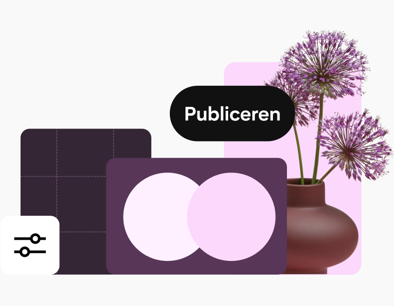 Een collage van afbeeldingen waarin paars veel voorkomt. Het bevat een instellingenpictogram, een bloemenvaas, geometrische vormen en een knop 'Publiceren'.