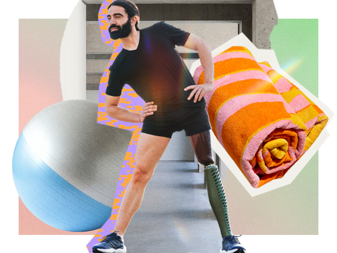 White man with a prosthetic leg stretching out, with workout equipment collaged around him.