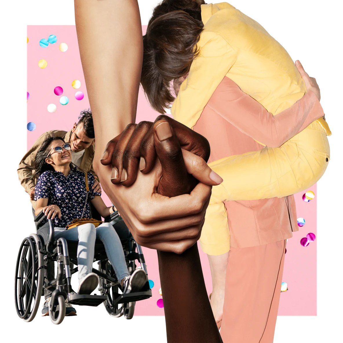 Collage of people being close to each other. Woman in yellow clothes and man in pink clothes in an embrace. White hand and Black hand in a handshake grip. At left, a man smiles and rests a hand on the shoulder of a woman in a wheelchair.