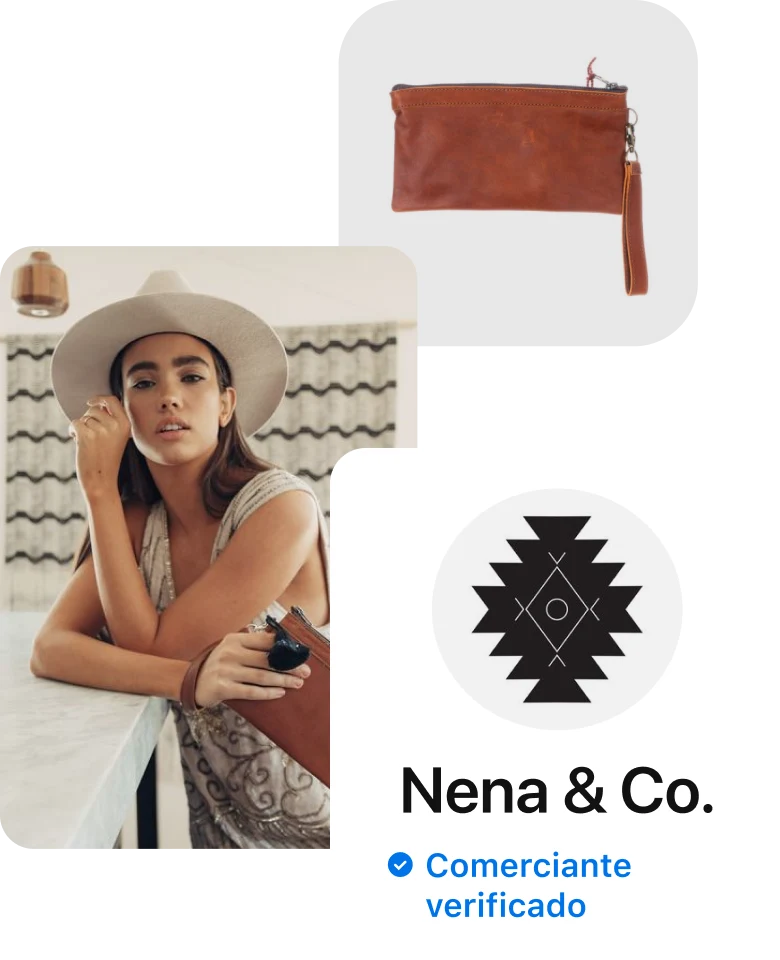 Collage: Pin de una mujer latina con sombrero beige y un top sosteniendo un bolso de mano de Nena & Co.; tiene un brazo apoyado en una mesa blanca y, al fondo, se ve una cortina con estampado a rayas. Pin de un bolso de mano de Nena & Co. Información de compra: Nena & Co., comerciante verificado.