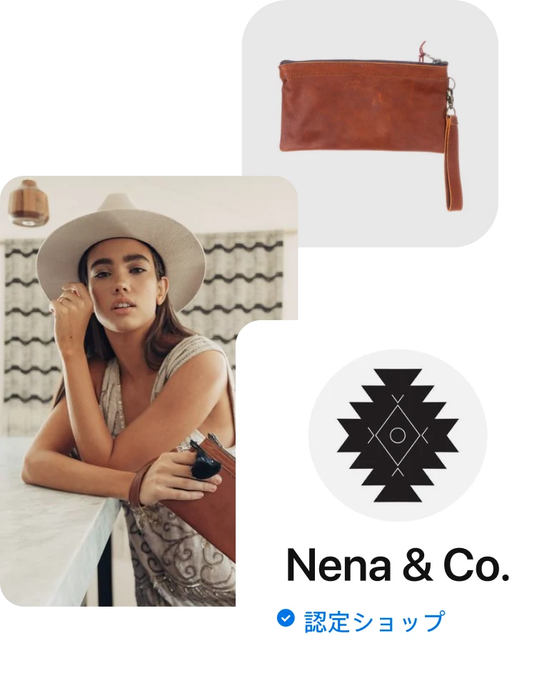 コラージュ：Nena & Co. のクラッチバッグを持ち、白いテーブルに片肘をついた、ベージュの帽子とトップス姿のラテンアメリカ系の女性のピン、背景はストライプ柄の壁掛け。Nena & Co. のクラッチバッグのピン。「Nena & Co.、認定ショップ」のテキストが入ったショップ情報。