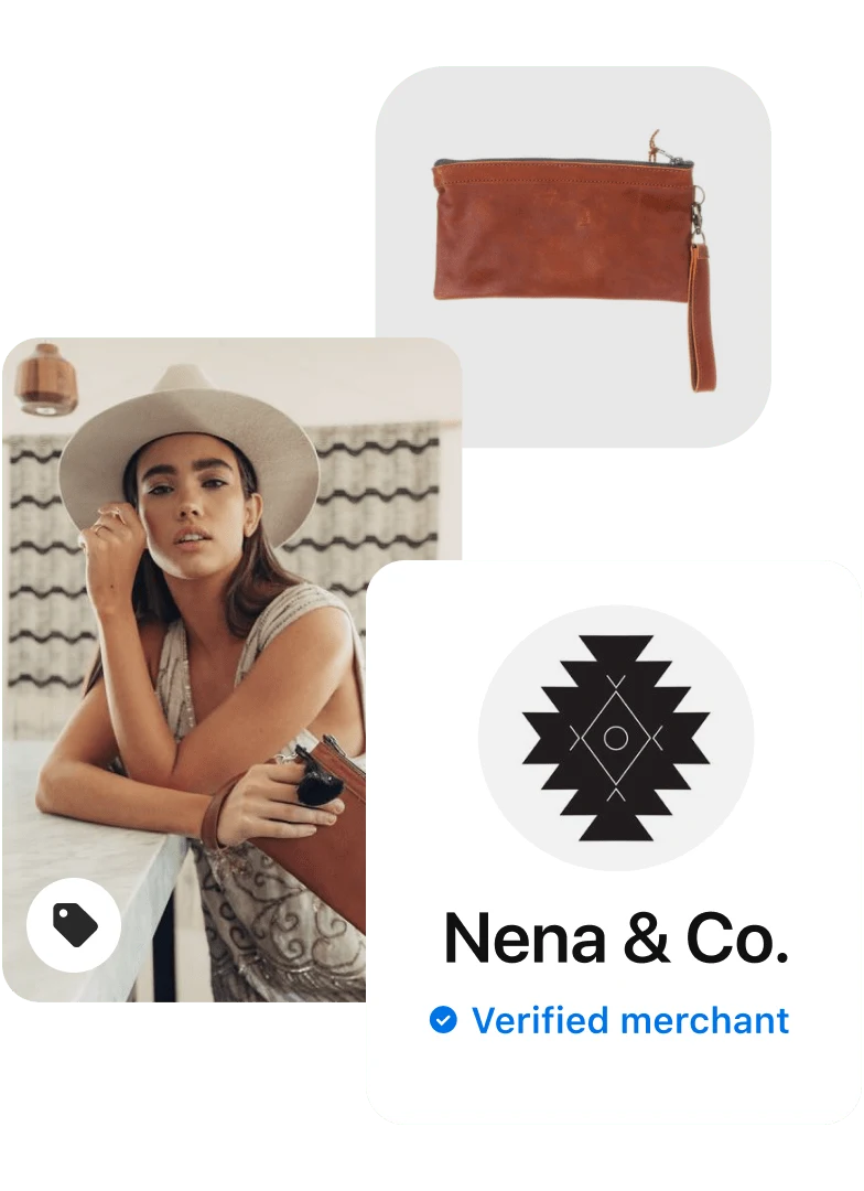 Collage: Pin of a Latina woman in a beige hat holding a Nena & Co. clutch, with one arm leaning on a white table and a line-pattern wall hanging in the background. Pin of a Nena & Co. clutch. Shop information that reads Nena & Co., Verified merchant