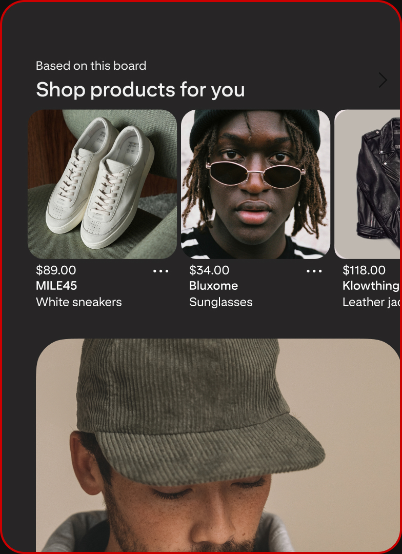 A Pinterest board shows personalised product recommendations for men’s streetwear