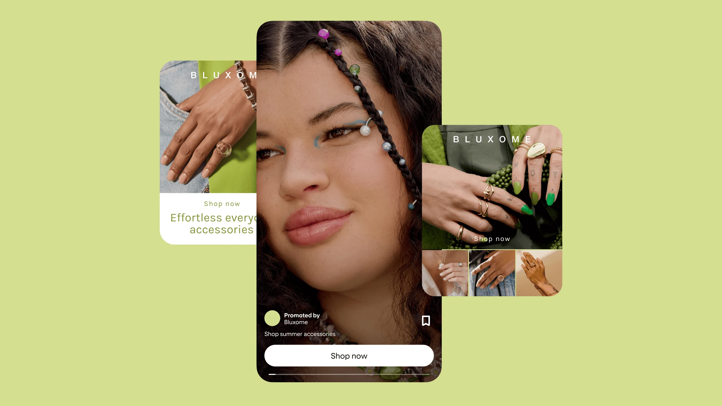 Three ads on a green background: The first features a hand with a bracelet and ring in a jeans pocket; the second displays a close-up of a woman's face with a braid and accessories; the third shows four images, each highlighting various rings.