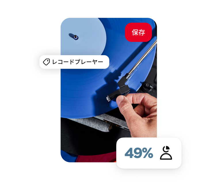 青いレコードにターンテーブルのアームを置いている手を写したピン。「レコードプレーヤー」の文字が写真の一部に重なっており、別に「37%」という文字も写真に重なって表示されている。