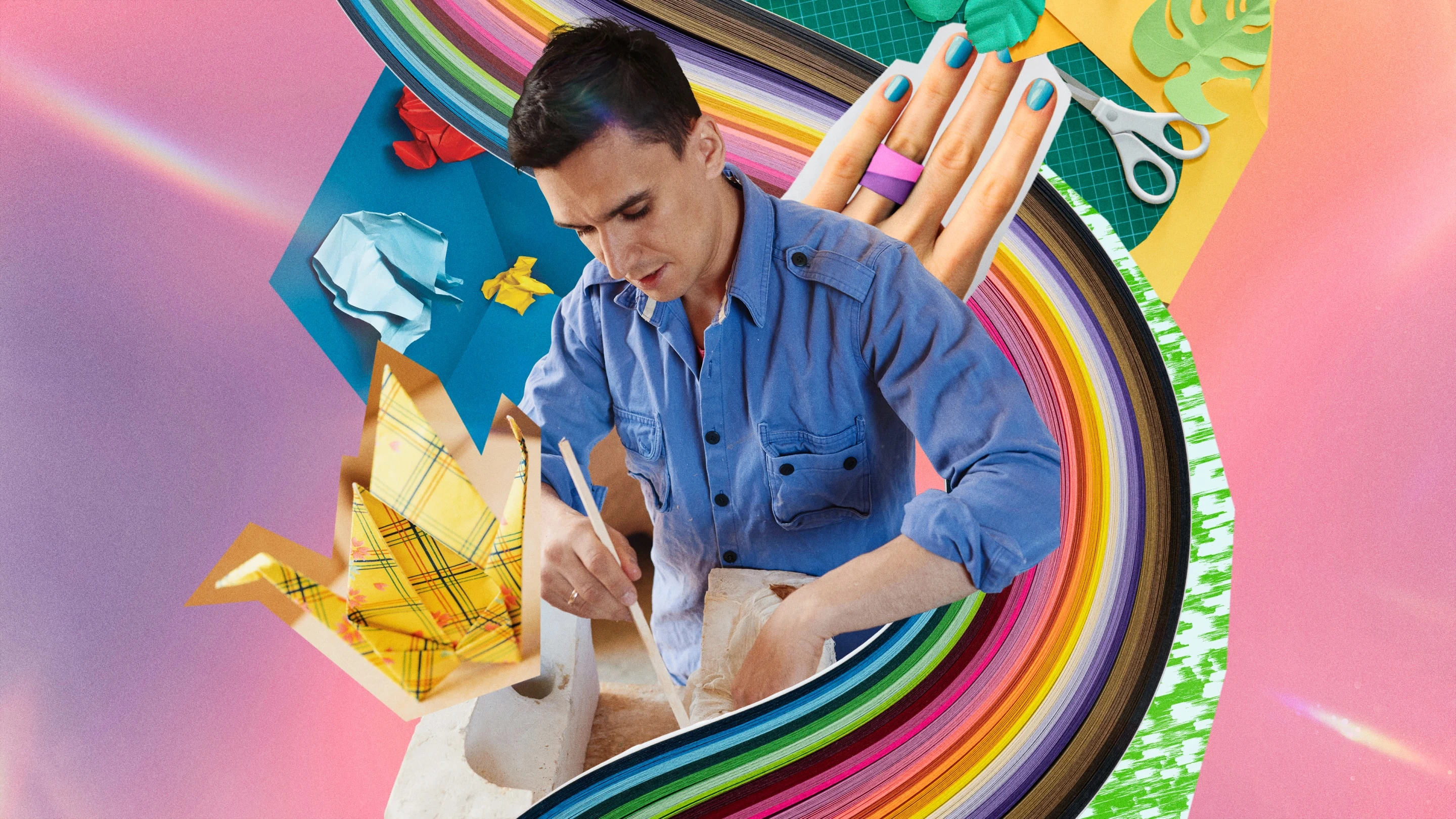 Colagem com um artista branco cercado por um arco-íris de papel colorido, tesouras, uma mão modelando um anel de papel e origamis.
