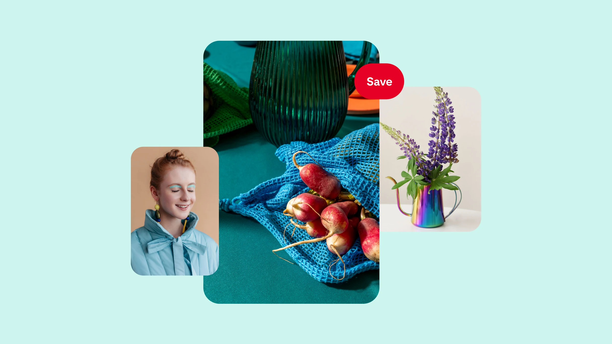 On a teal background, a collage of three images. To the left, a red-haired woman with blue eyeshadow and jacket. In the middle, a table with radishes and a water pitcher in the background. To the right, a bunch of purple flowers in a technicolor vase. 