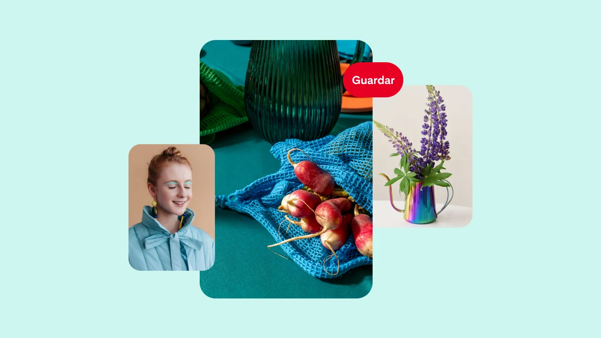 En un fondo verde azulado, hay un collage de tres imágenes. A la izquierda, se ve a una mujer pelirroja con sombra azul y chaqueta. En el medio, hay una mesa con rábanos y una jarra de agua. A la derecha, hay flores moradas en un jarrón tecnicolor. 