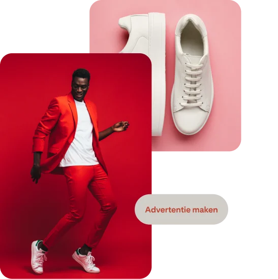 Twee 'witte sneaker'-pins op een roze achtergrond en een dansende zwarte man in een rood pak, een wit T-shirt en witte sneakers op een rode achtergrond