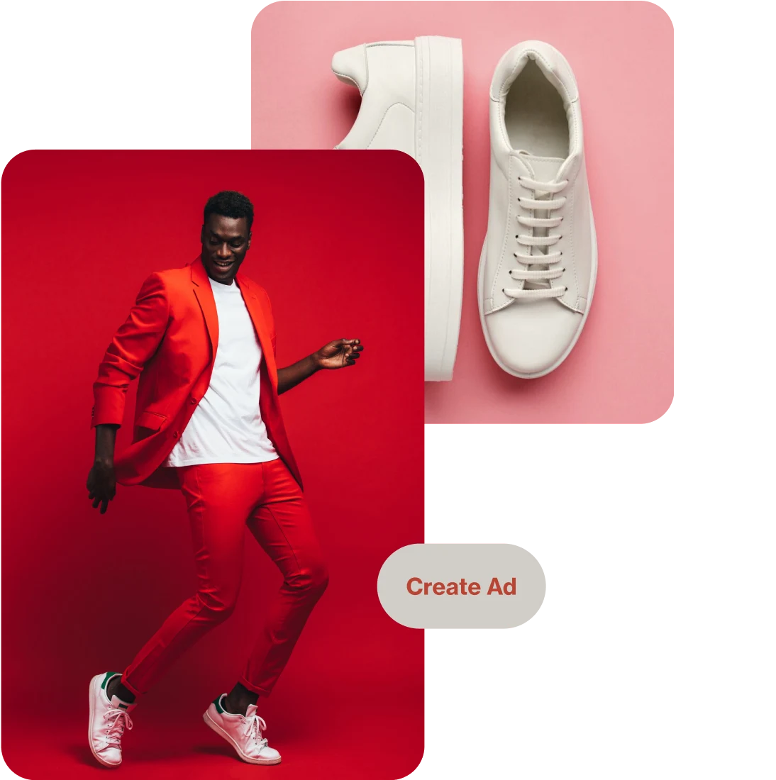 Two Pins depicting a pair of white trainers on a pink background and a dancing Black man dressed in a red suit, white t-shirt and white trainers on a red background