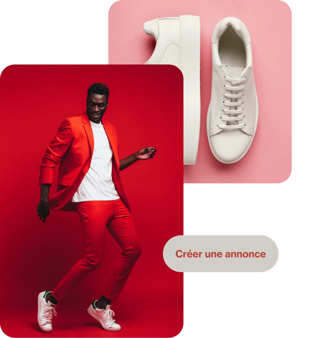 Deux épingles montrant une paire de baskets blanches sur fond rose et un homme noir en costume rouge, t-shirt blanc et baskets blanches en train de danser sur fond rouge