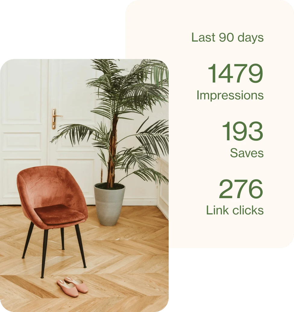 Ad selling a brown suede chair, pictured with its analytics