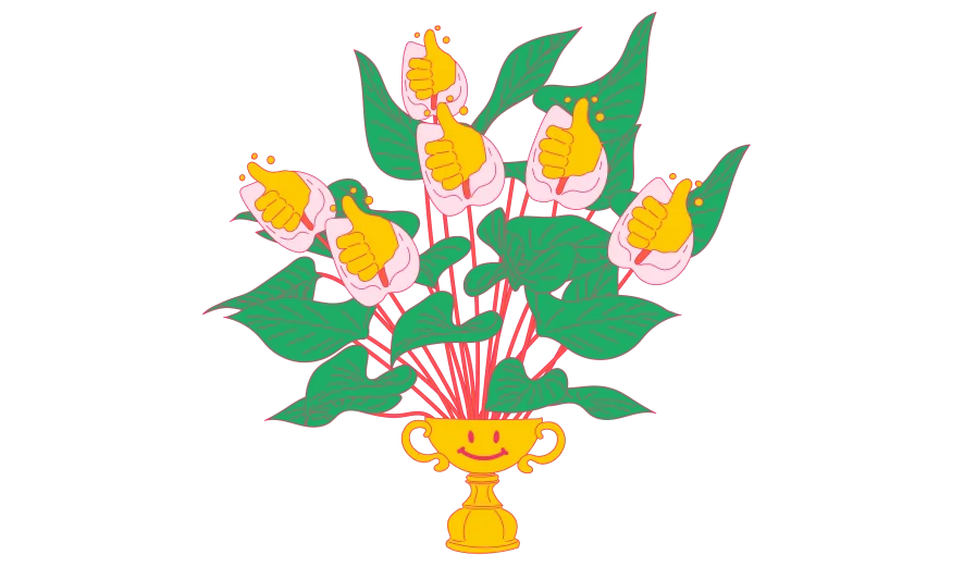 Иллюстрация кубка с улыбающимся смайликом, который наполнен лилиями. В центре каждого цветка изображен эмодзи в виде поднятого вверх большого пальца.
