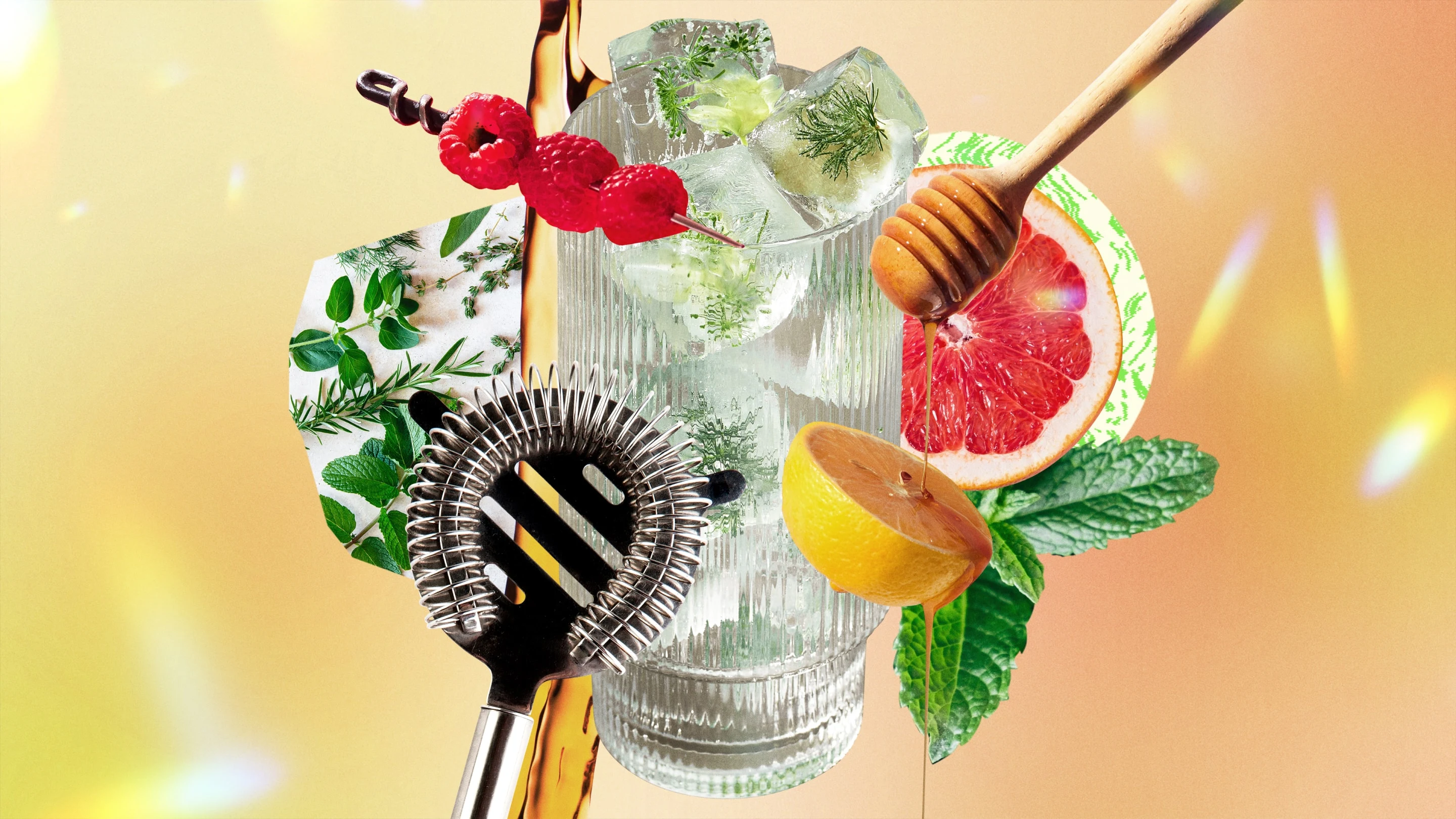 Collage featuring barware tools and a glass of ice cubes surrounded by a honey dipper pouring honey on a lemon slice, a slice of grapefuit and various herb garnishes.