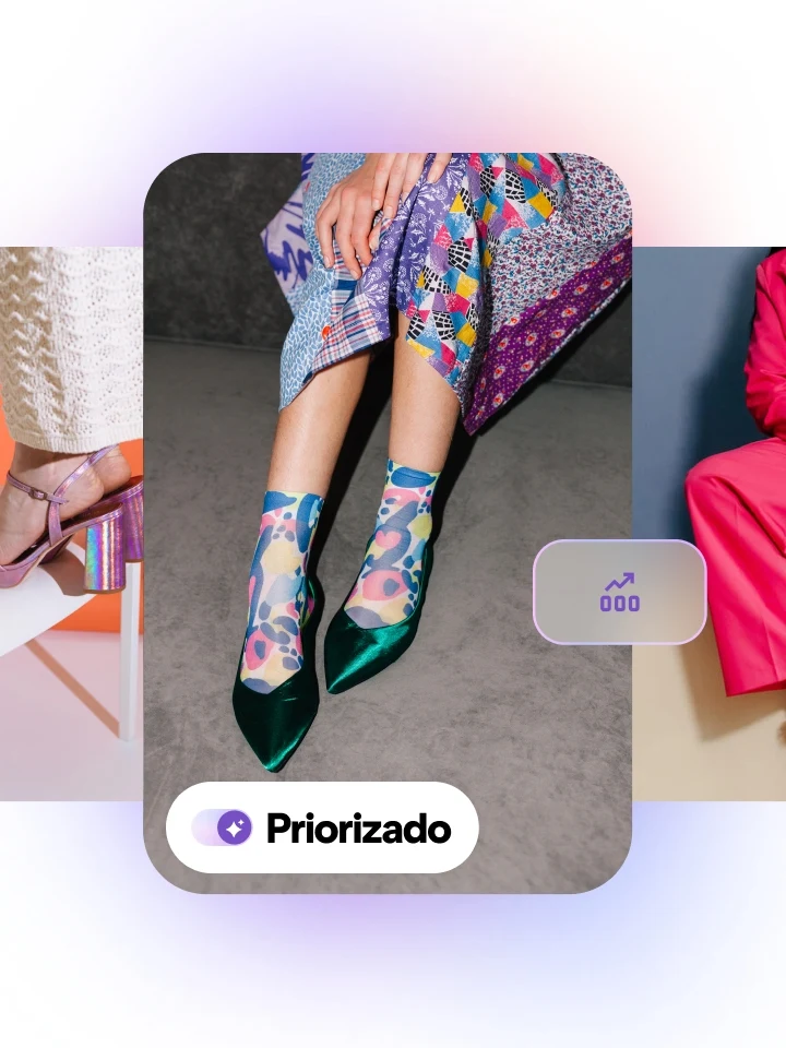 Pin de calcetines florales y tacones verdes metalizados que aparece por encima de otros Pines, con la etiqueta “Priorizado” y un gráfico de rendimiento con tendencia al alza.