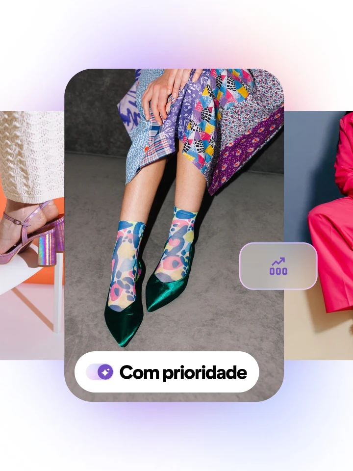 Pin de meias florais e sapatos de salto alto verdes metálicos em destaque acima de outros Pins. O rótulo "Com prioridade" aparece junto com um gráfico de performance em tendência de alta.