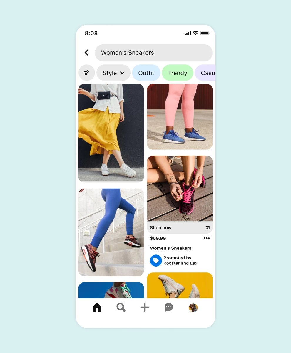 A Pinterest search for Women’s sneakers,” including an ad for Rooster and Lex sneakers.
