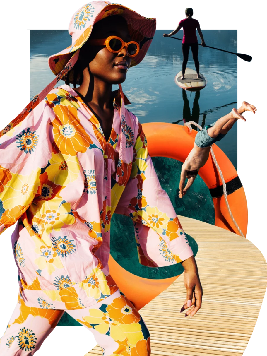 Collage of lake-themed items. Black woman in pink and floral lake outfit at left, next to boardwalk and diver jumping through an orange donut floatie into water. Paddleboarder in a lake in the background.
