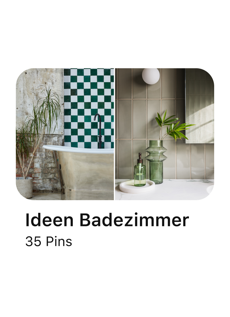 Eine Pinterest-Pinnwand mit dem Titel „Badezimmerideen: 35 Pins“ mit zwei verschiedenen Optionen für Deko im Badezimmer. 