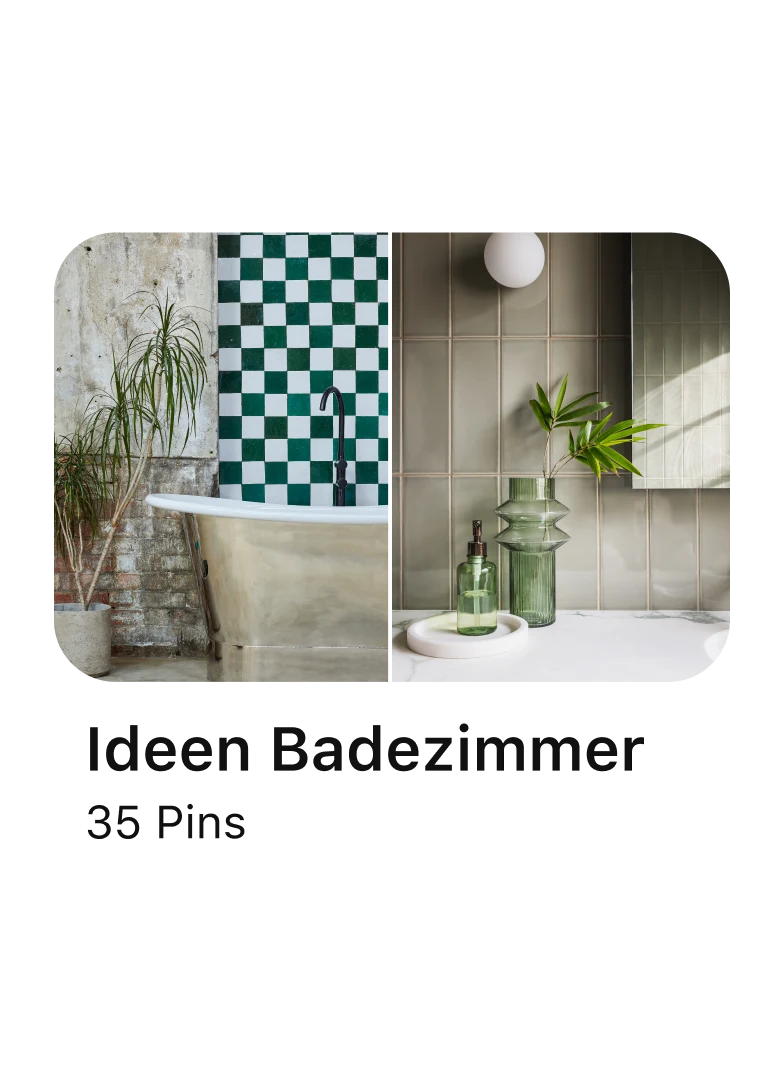 Eine Pinterest-Pinnwand mit dem Titel „Badezimmerideen: 35 Pins“ mit zwei verschiedenen Optionen für Deko im Badezimmer. 