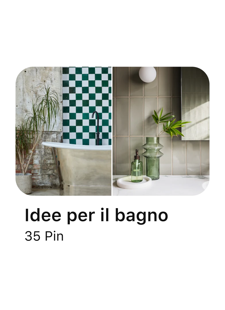 Una bacheca di Pinterest intitolata "Idee bagno: 35 Pin" con due anteprime di possibili decorazioni per il bagno. 