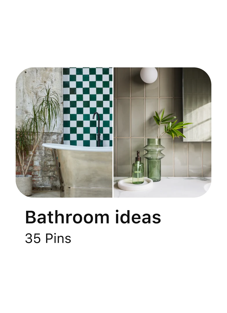 Pinterest-taulu, jonka otsikko on "Kylpyhuoneideoita: 35 Pin-lisäystä" ja jossa on kaksi esikatselua kylpyhuoneen sisustusvaihtoehdoista. 