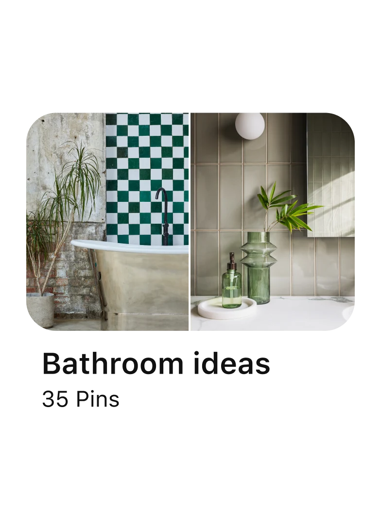 Nástěnka na Pinterestu s názvem „Bathroom ideas: 35 Pins“ se dvěma různými náhledy možností koupelnových dekorací. 