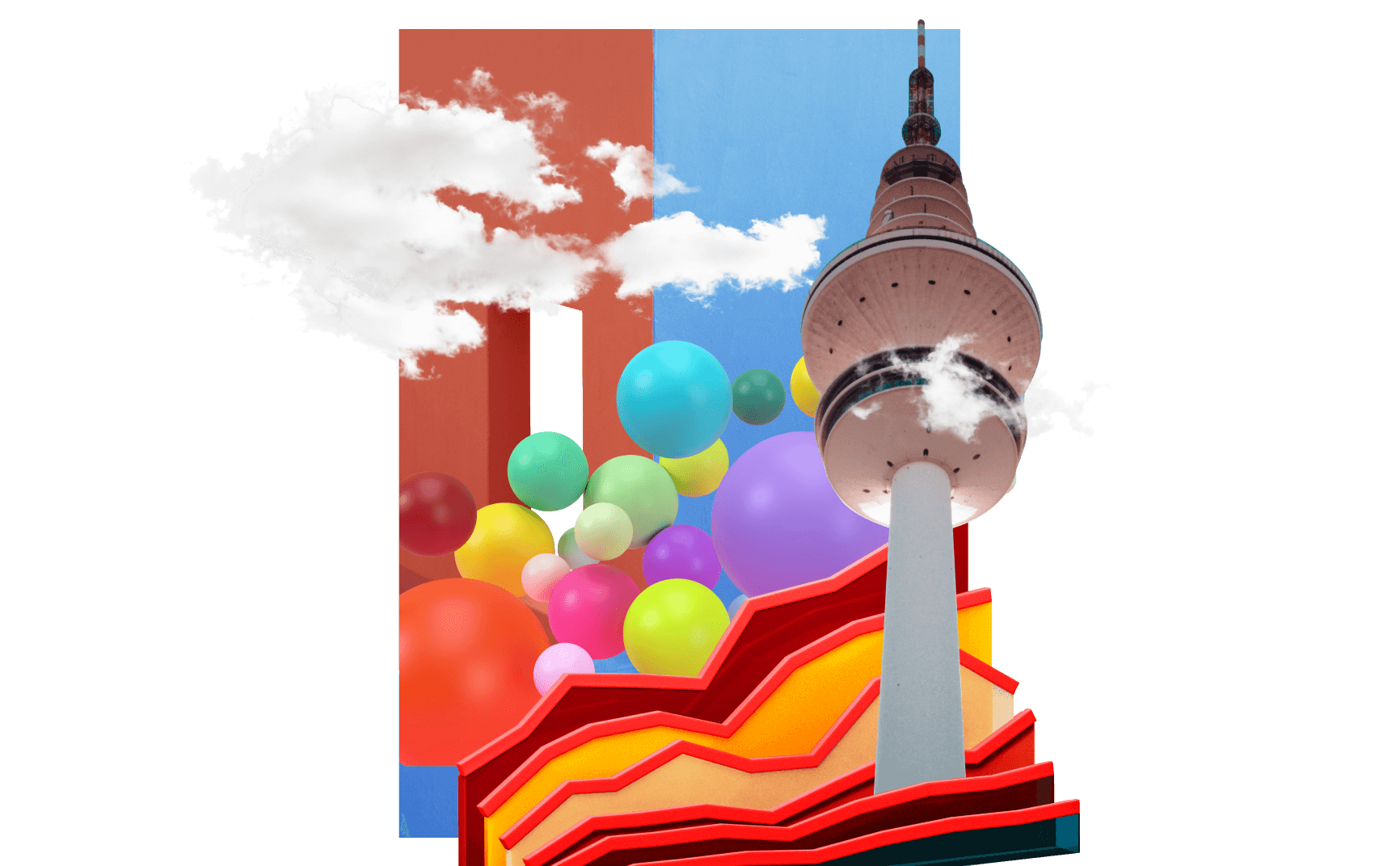 The top of the Messeturm Hamburg building against a backdrop of colourful balls and clouds