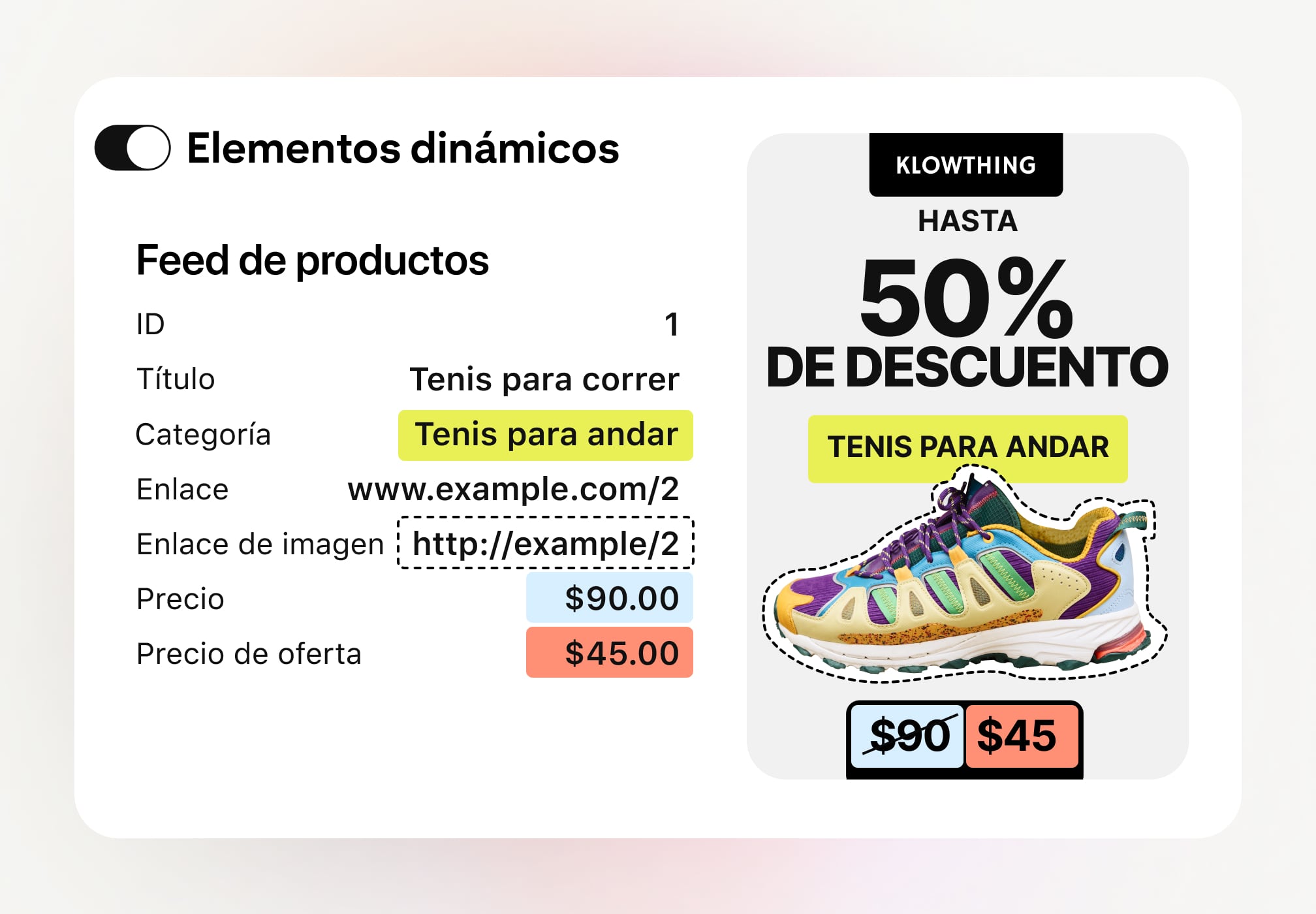“Elementos dinámicos”, con un feed (tenis para correr, categoría: zapatillas de trail, precio £90, oferta £45) asignado a una creatividad con el texto “Hasta 50% de descuento en tenis de trail”, con una imagen colorida y una baja de precio de £90 a £45.