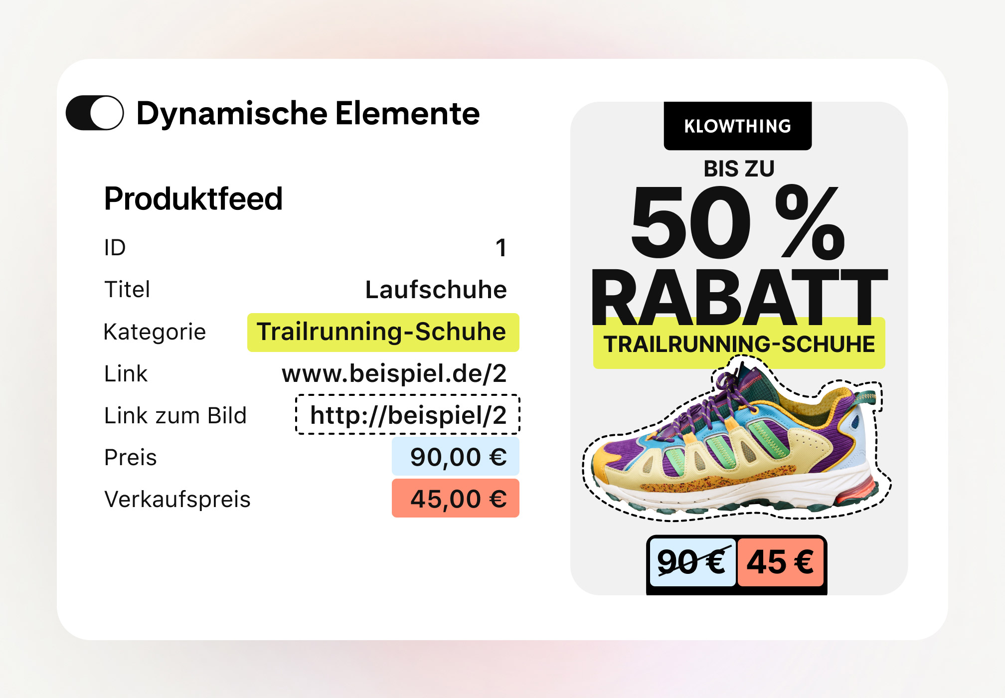 Slide „Dynamische Elemente“ mit Produktfeed (Laufschuhe, Kategorie Trailrunning-Schuhe, Preis 90 €, Sale 45 €), zugeordnet dem Creative „Bis zu 50 % Rabatt auf Trailrunning-Schuhe“. Dazu ein bunter Schuh mit Rabatt: 45 € statt 90 €.