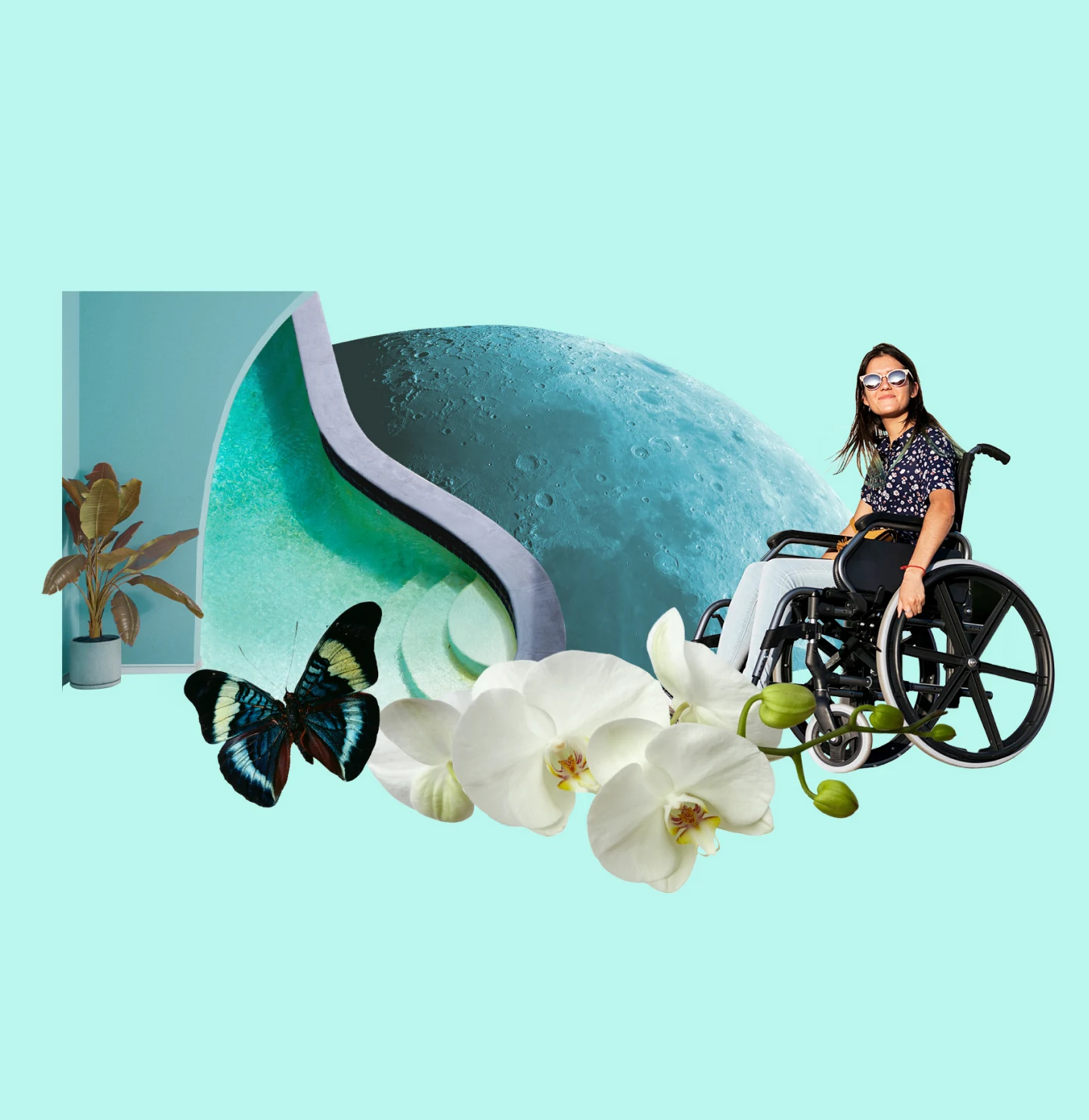 A white woman wearing shades sit in a wheelchair. The surface of the moon in a pale blue hue. A black and blue butterfly flutters by some white orchids. A green plant stands tall in the corner of the room beside a curved swimming pool. 
