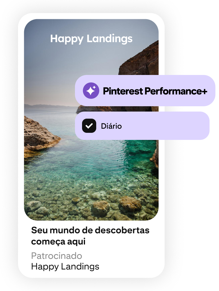 Um anúncio de viagem mostra uma praia com água cristalina
