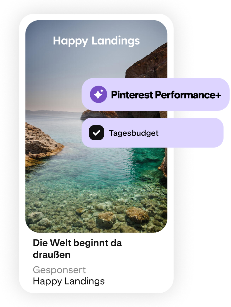 Eine Reiseanzeige zeigt eine Strandbucht mit kristallklarem Wasser.