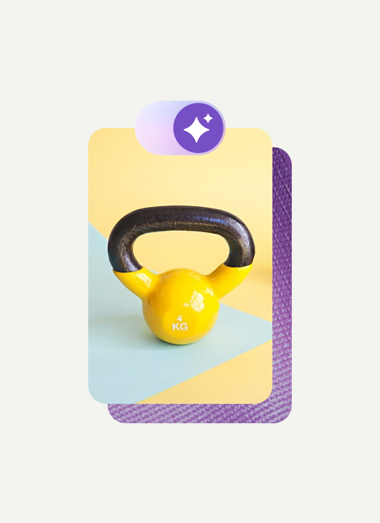 A yellow kettle bell with a black handle on a pastel yellow and blue background; a purple sparkle icon is above the image. 