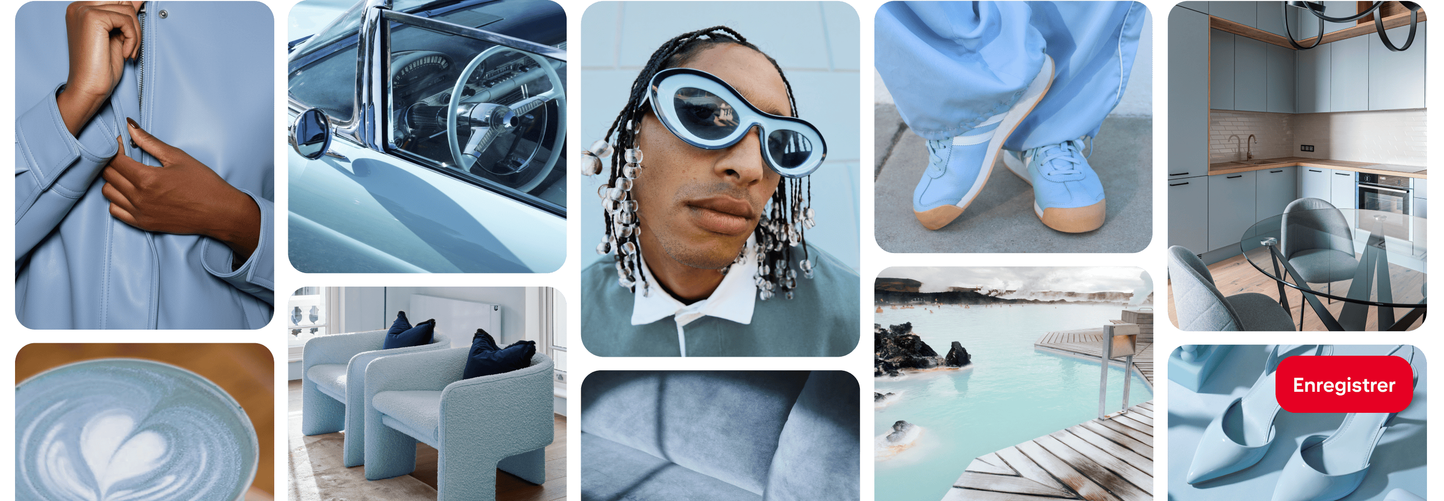 Une grille d’Épingles présentant différents articles bleus : un café au lait, une voiture, des chaises, des baskets, des talons et des meubles de cuisine.