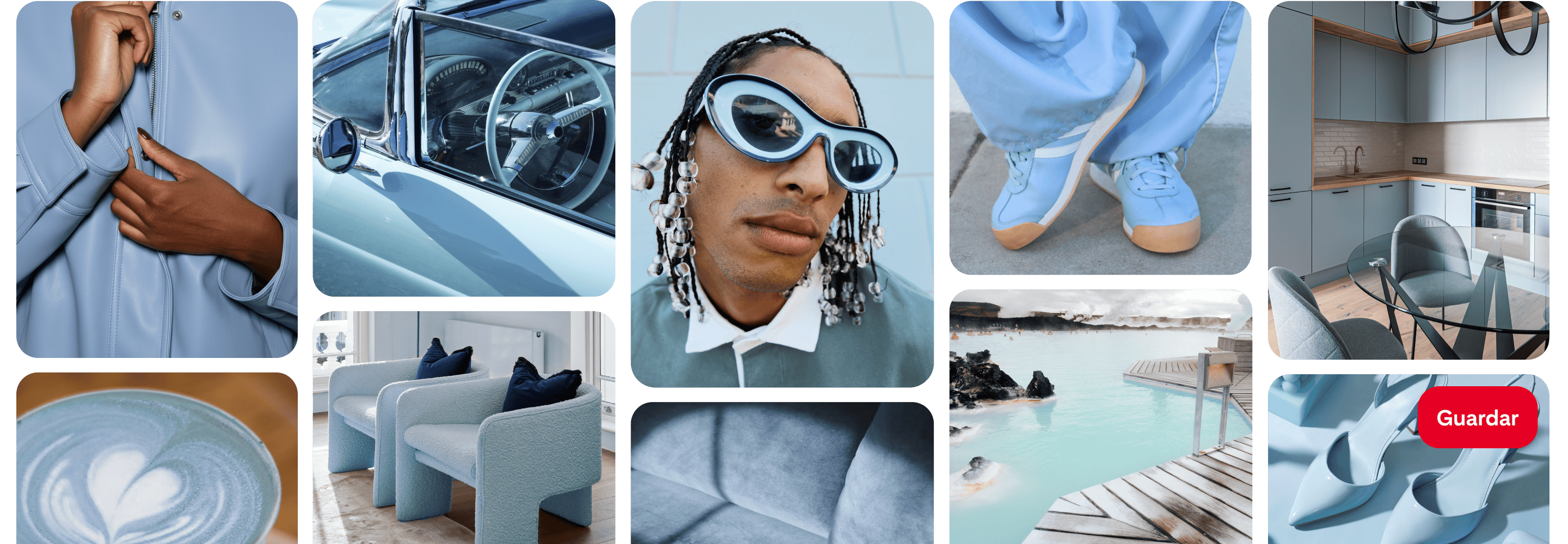 Una cuadrícula de Pines en la que aparecen diferentes artículos azules: un café con leche, un auto, sillas, zapatillas deportivas, tacones y alacenas de cocina.