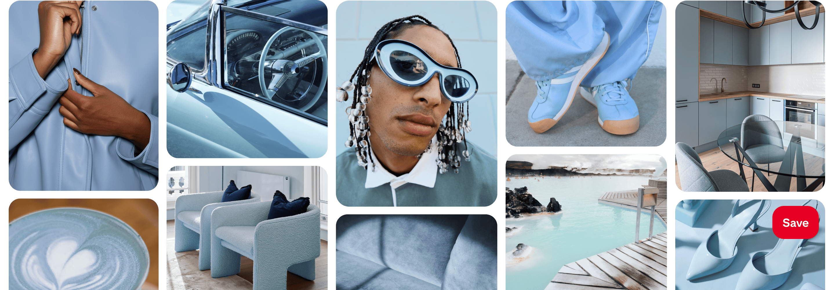 A grid of Pins showcasing different blue items: a latte, car, chairs, sneakers, heels and kitchen cabinets.